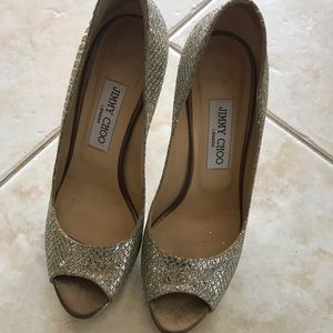 Jimmy Choo Gold Glitter Peep-Toe Heels
